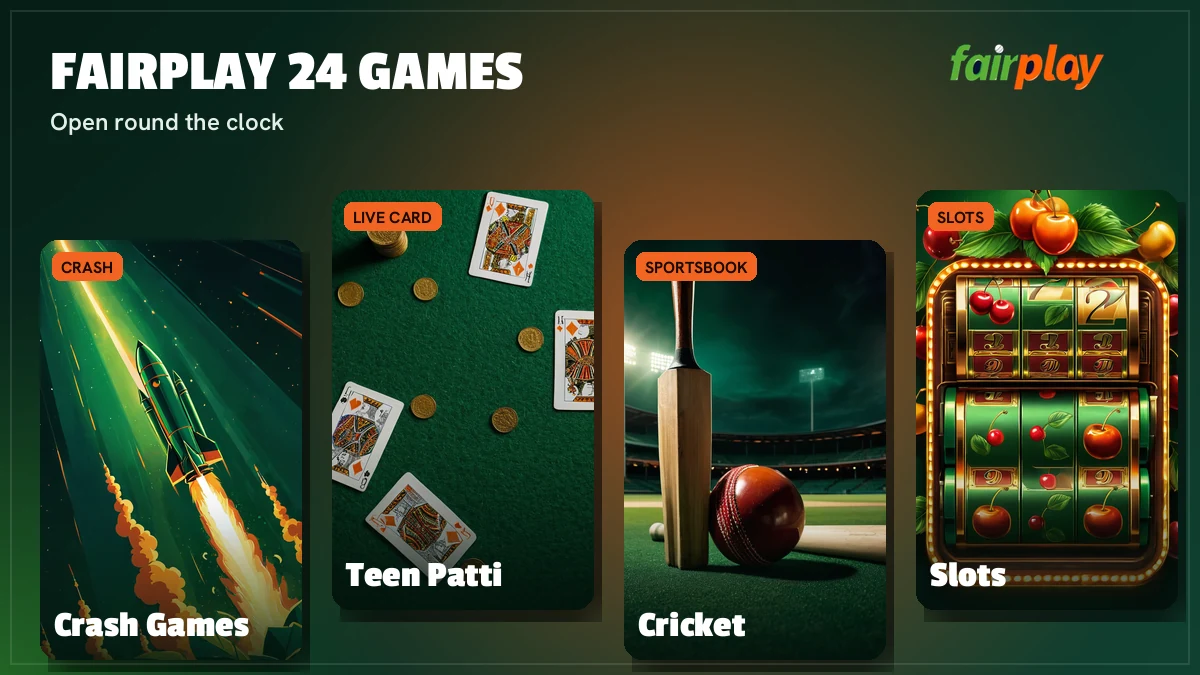 FairPlay 24 games grid with Aviator, Teen Patti, Andar Bahar, roulette and cricket tiles