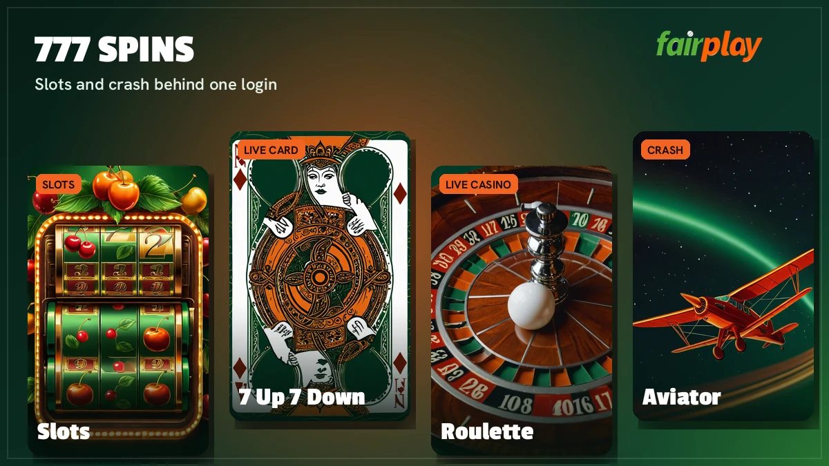 Aviator, Teen Patti and roulette tiles in the FairPlay 777 casino lobby