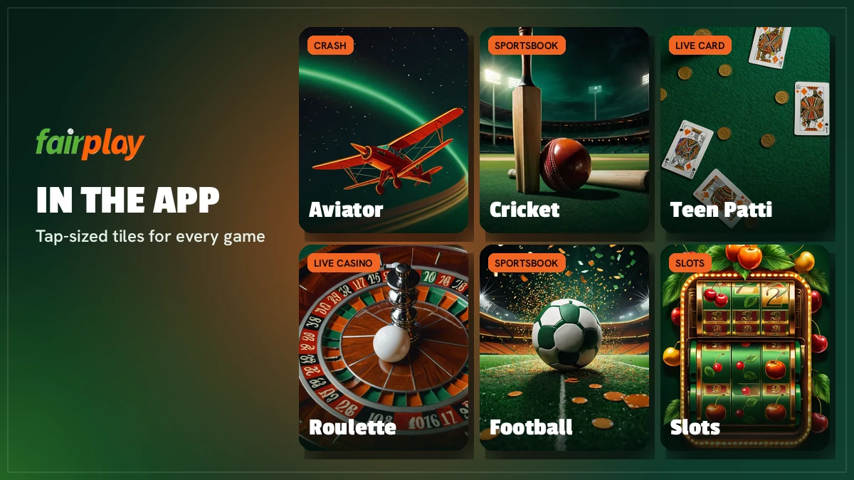 FairPlay app game tiles for Aviator, Teen Patti, Andar Bahar and live cricket markets