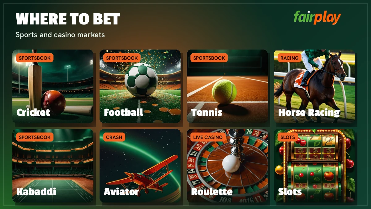 FairPlay betting site game cards for cricket, Aviator, Teen Patti and roulette