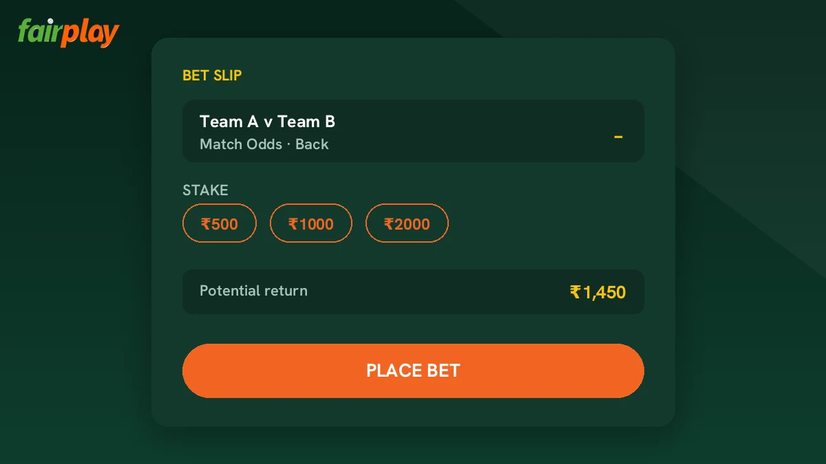 FairPlay exchange screen with back and lay columns next to a live cricket scoreboard