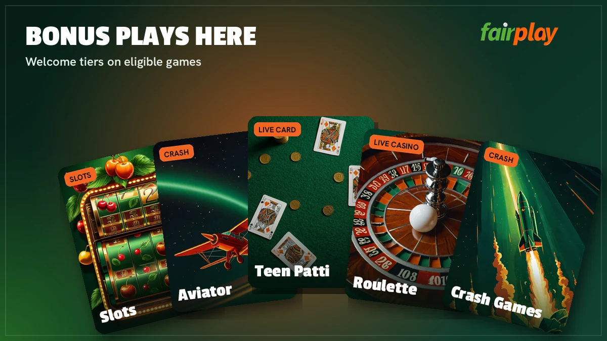 FairPlay games lobby cards for Aviator, Teen Patti, roulette and cricket where a bonus code balance can be played