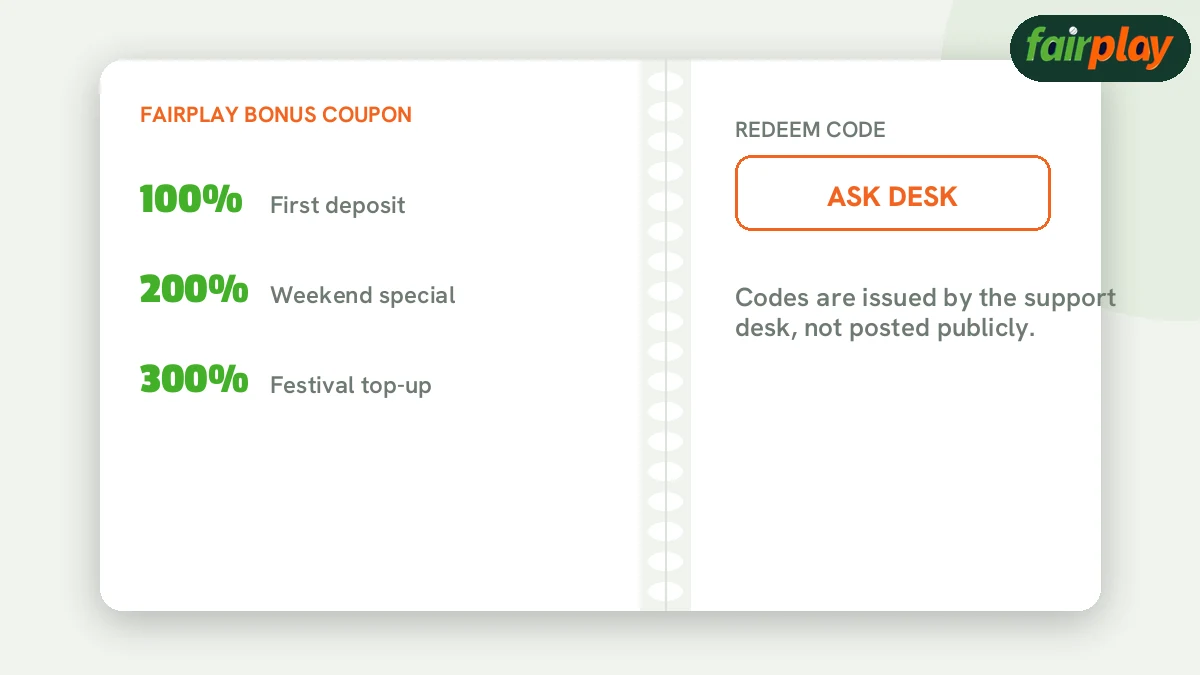 FairPlay deposit screen with amount, payment method and the coupon code field for a FairPlay bonus code