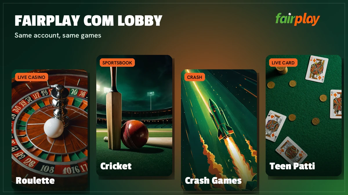 FairPlay games on the .com address including Aviator, Teen Patti, Andar Bahar and live cricket