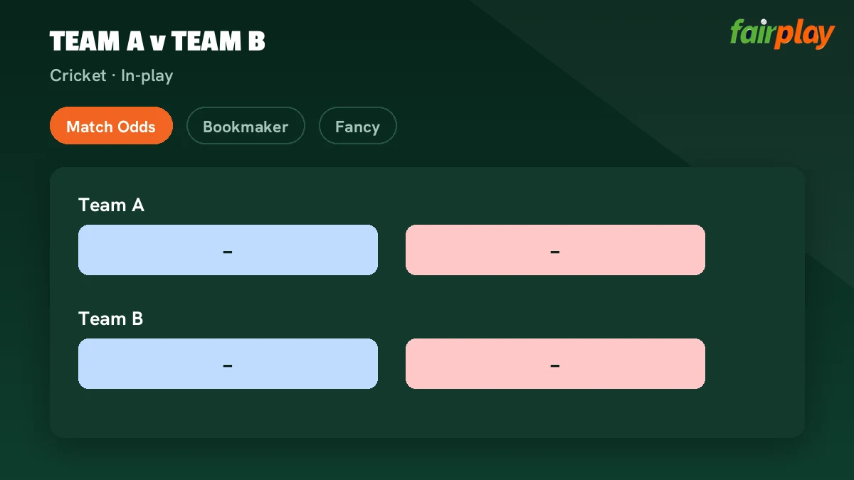 FairPlay cricket match screen on a phone showing the Match Odds, Bookmaker and Fancy tabs