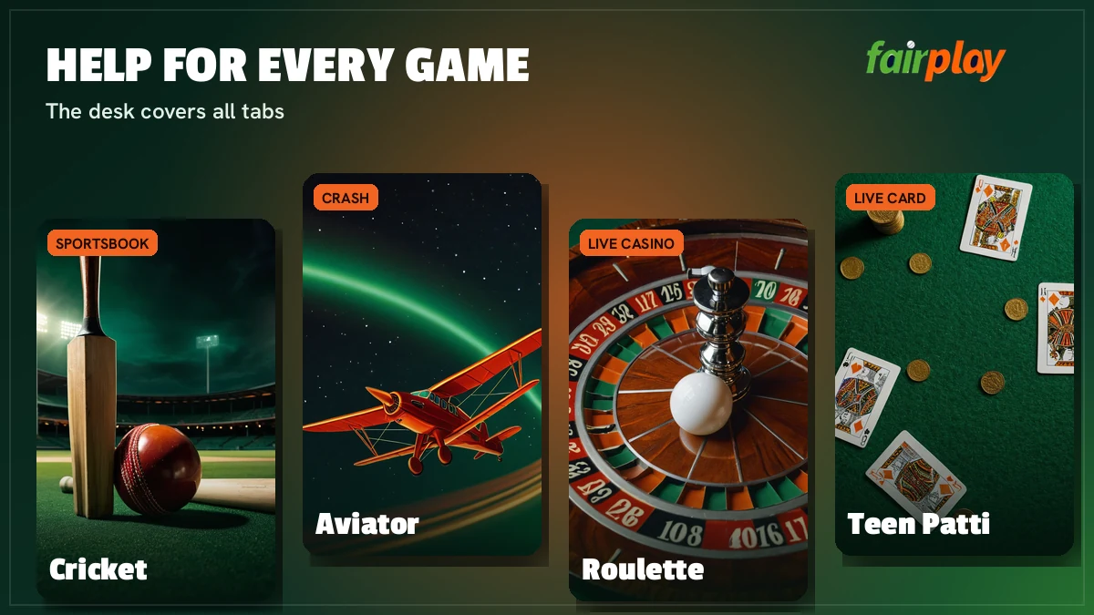 FairPlay games including Aviator, Teen Patti, Andar Bahar and live cricket covered by customer care