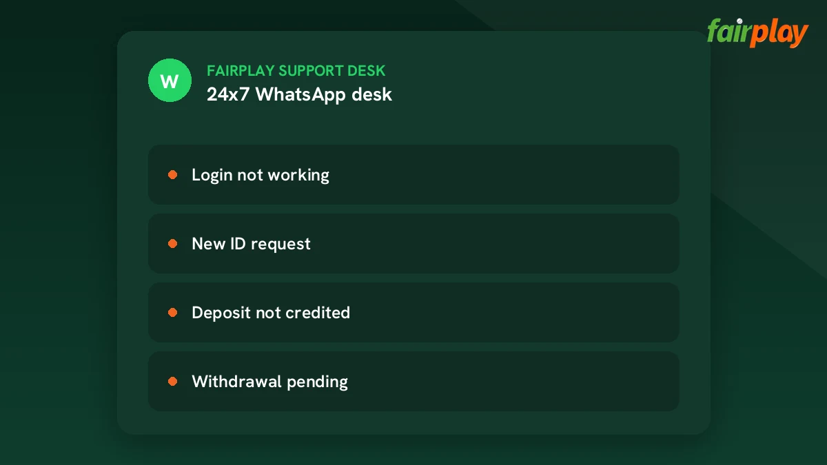 FairPlay WhatsApp number chat screen showing a support ticket for a pending withdrawal