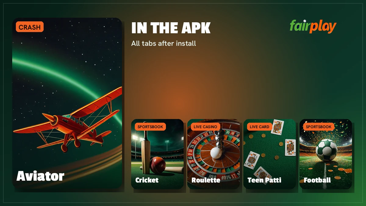 FairPlay app game cards for cricket, Aviator, Teen Patti and live casino tables after the APK download