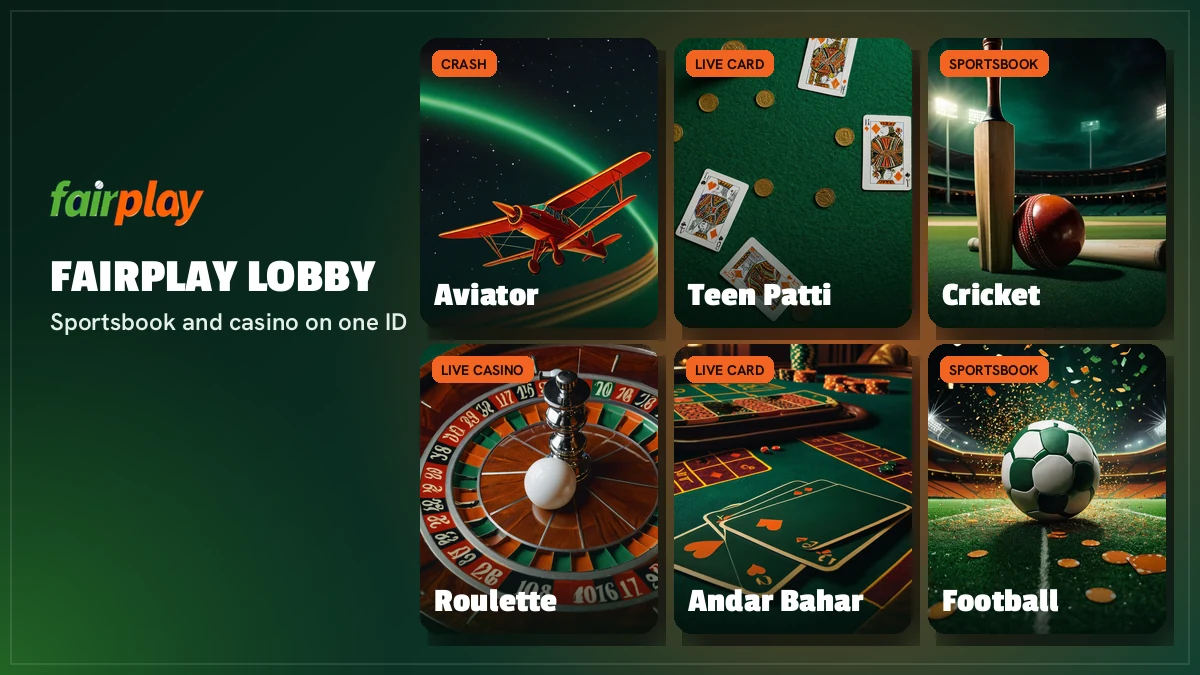 FairPlay games lobby cards for Aviator, Teen Patti, Andar Bahar and live roulette