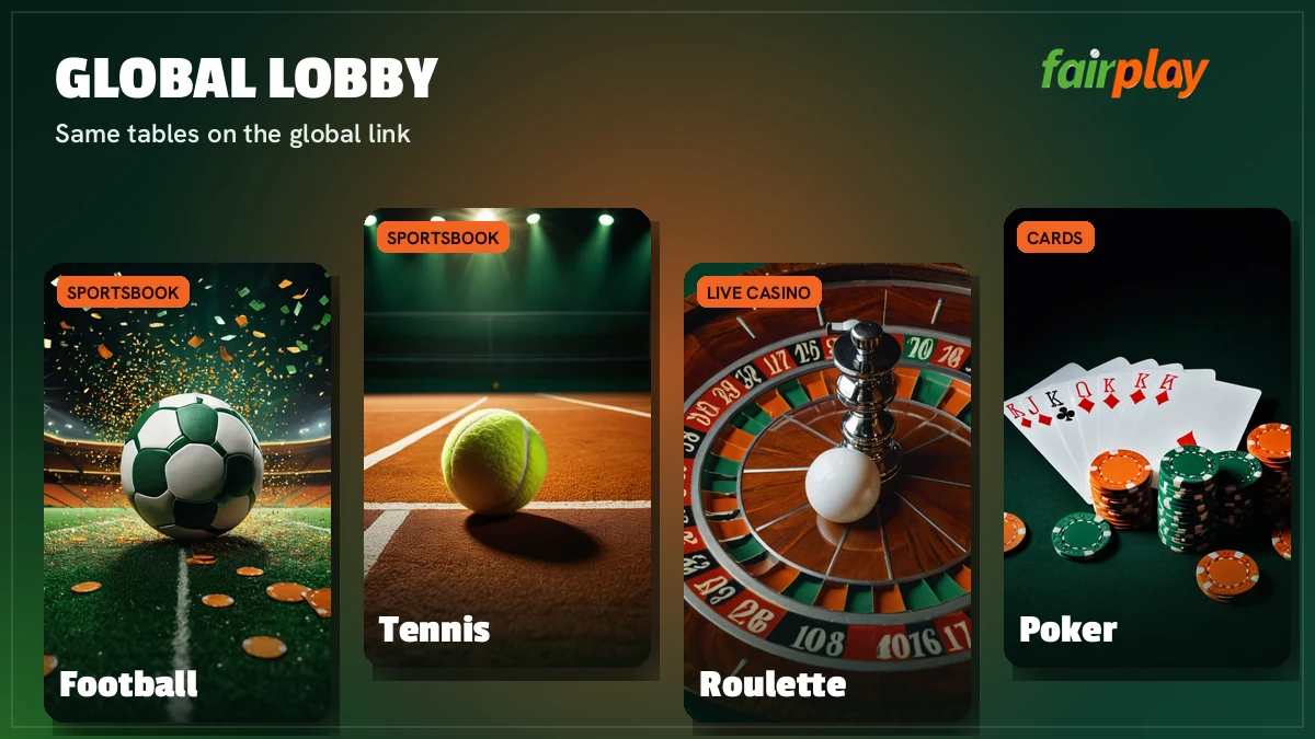 Casino and cricket tiles inside the FairPlay Global lobby, including Aviator and Teen Patti