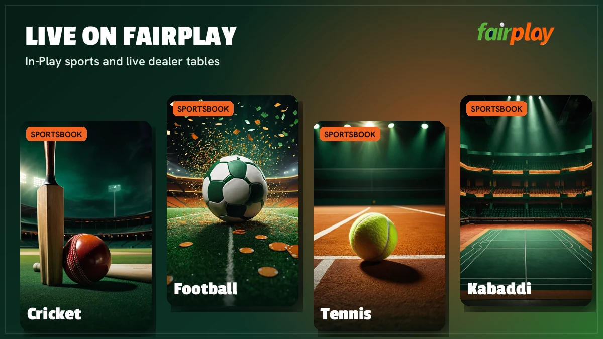 FairPlay Live game cards for cricket in-play, roulette, Teen Patti, Andar Bahar and Aviator