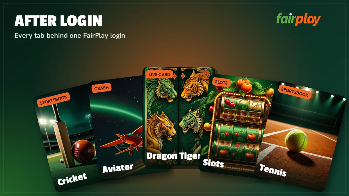 FairPlay games after login including Aviator, Teen Patti, Andar Bahar and live cricket