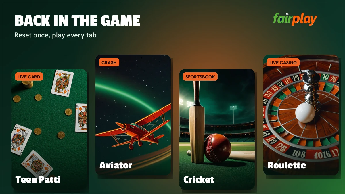 FairPlay games lobby with Aviator, Teen Patti, Andar Bahar and cricket tiles after login