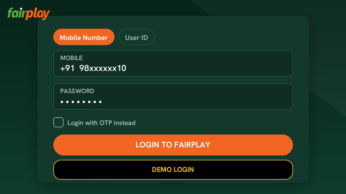 FairPlay login mobile number and password steps shown on a phone screen