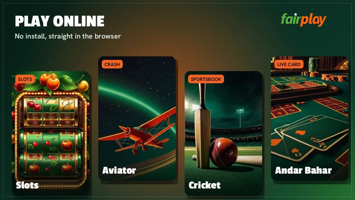 FairPlay online game cards for Aviator, Teen Patti, Andar Bahar, roulette and cricket markets