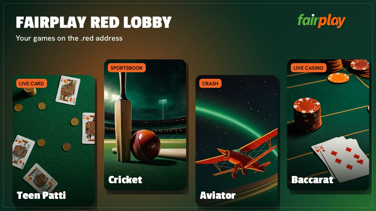 FairPlay Red game cards for Aviator, Teen Patti, Andar Bahar and live cricket on the .red address