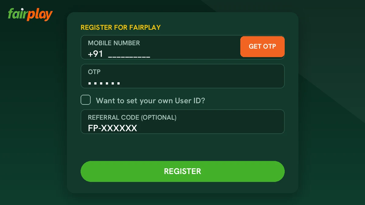 FairPlay registration OTP screen shown beside a WhatsApp chat with the FairPlay ID desk